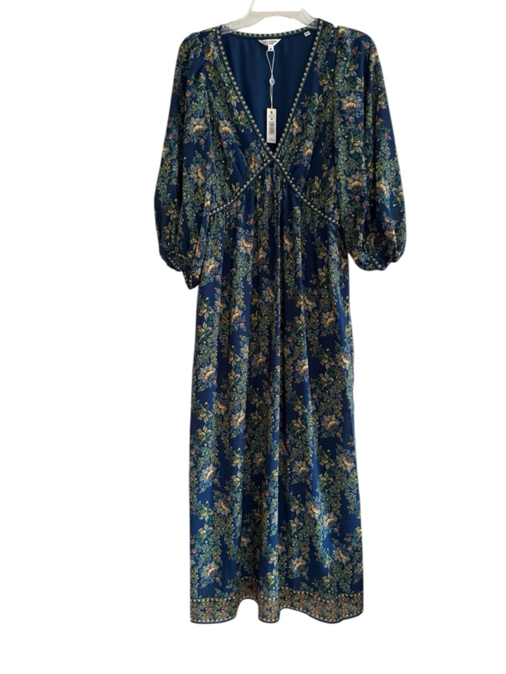 Max Studio Navy Boho Floral V-Neck Maxi Dress Empire Waist Balloon Sleeve M NWT - Picture 2 of 11